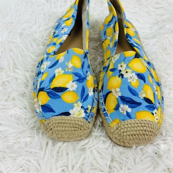 NWOT ANN TAYLOR blue & yellow lemon print tapestry summer espadrille shoes SZ 6 - Picture 10 of 17